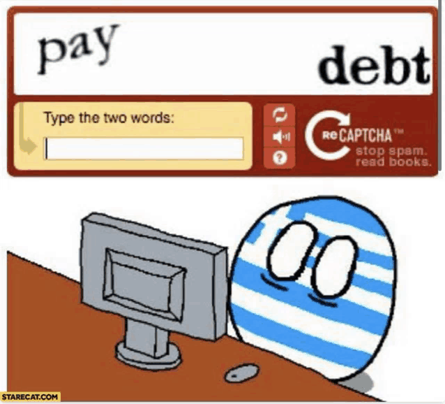 a cartoon of a ball sitting in front of a computer with a pay debt captcha on it