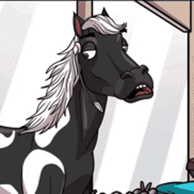 a black and white horse with a long mane is standing in front of a window
