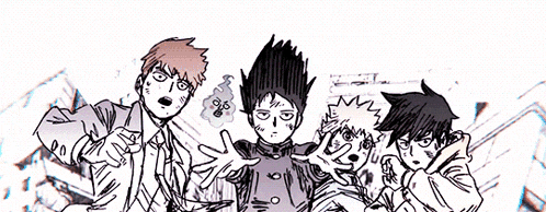a group of anime characters are posing for a picture with their hands outstretched