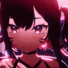 a close up of a girl with red eyes