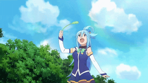 a girl with blue hair is holding a green object in her hand .