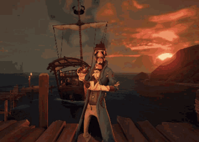 a man in a pirate costume is standing on a dock with a ship in the background