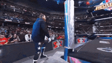 a wrestler is standing in a wrestling ring with a crowd watching .