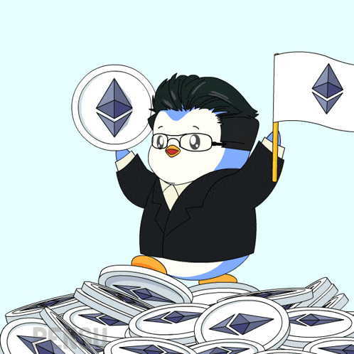 a penguin is holding up a coin with an ethereum logo