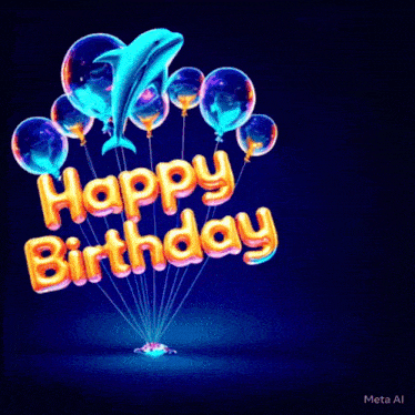 a blue dolphin is surrounded by balloons and the words happy birthday