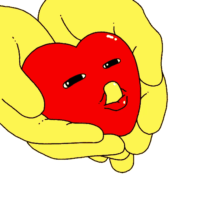 a cartoon drawing of two hands holding a heart with a face on it