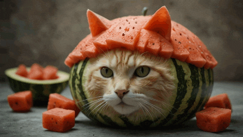 a cat wearing a hat made out of watermelon slices