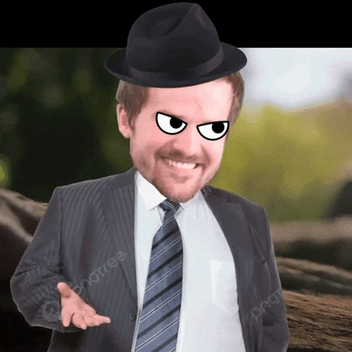 a man in a suit and tie has a big head and a hat on his head