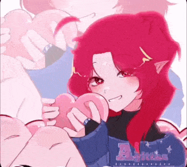 a girl with red hair is holding a pink heart .