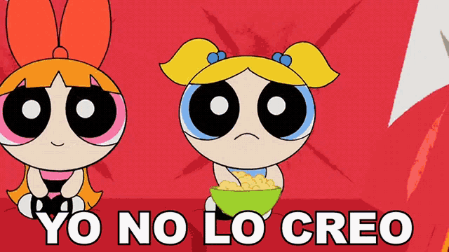 bubbles and blossom from the powerpuff girls sit next to each other on a red background