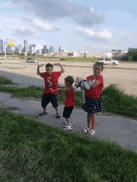 a boy wearing a red shirt with the letter s on it stands next to two other children