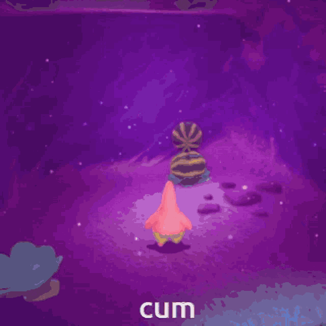 a purple background with a cartoon character and the word cum on it