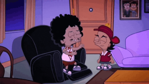 two cartoon characters are sitting in a living room talking