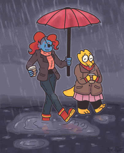 a drawing of two cartoon characters walking in the rain with illee-font written on the bottom