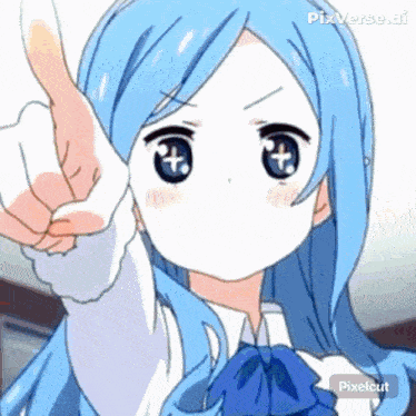 a blue haired anime girl is pointing her finger at the camera