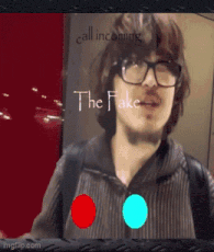 a man with glasses and a mustache is talking on a phone with the words " call incoming the fake " above him