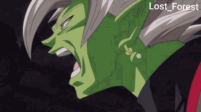 a close up of a green cartoon character with the words lost forest below him