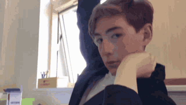 a boy with his hand on his chin looks at the camera