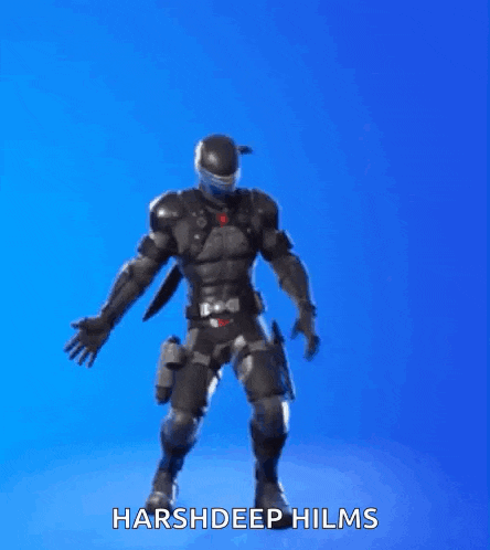 a video game character is dancing in front of a blue background with the words `` harshdeep hilms '' .