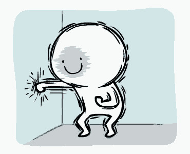 a cartoon character is standing in a corner and giving a punch .