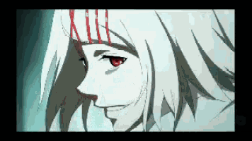 a close up of a person with white hair and red eyes .