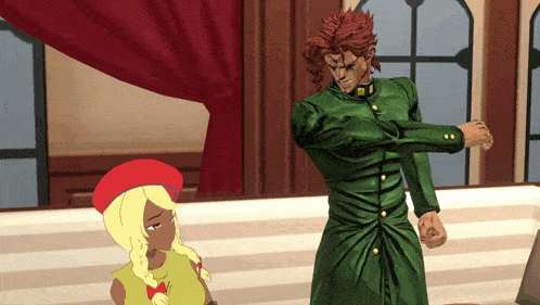 a man in a green suit is standing next to a girl in a red beret