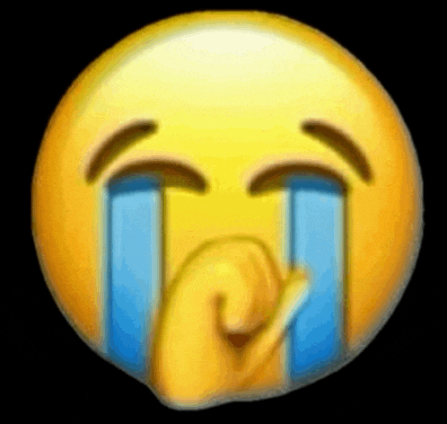 a smiley face with tears coming out of its eyes and covering its mouth with its hand .