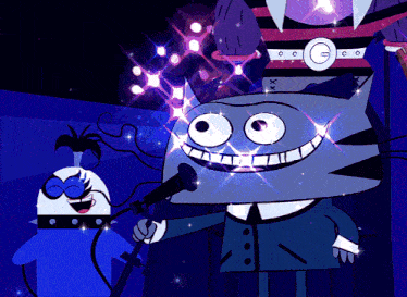 a cartoon character singing into a microphone with a purple light behind him
