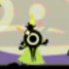 a blurred image of a cartoon character with a yellow hat and a black circle in the middle .