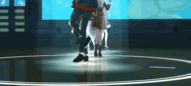 a group of people are dancing in a circle and one of them is wearing black shoes