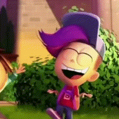 a cartoon character wearing a purple hat and a red shirt is smiling
