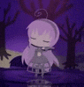 a cartoon girl with purple hair is sitting in the water in a forest .