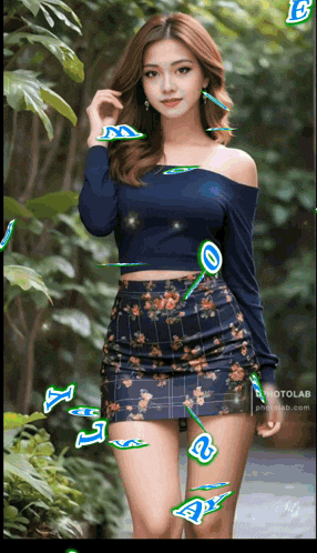 a woman in a blue crop top and floral skirt is surrounded by green arrows pointing to different places on her body