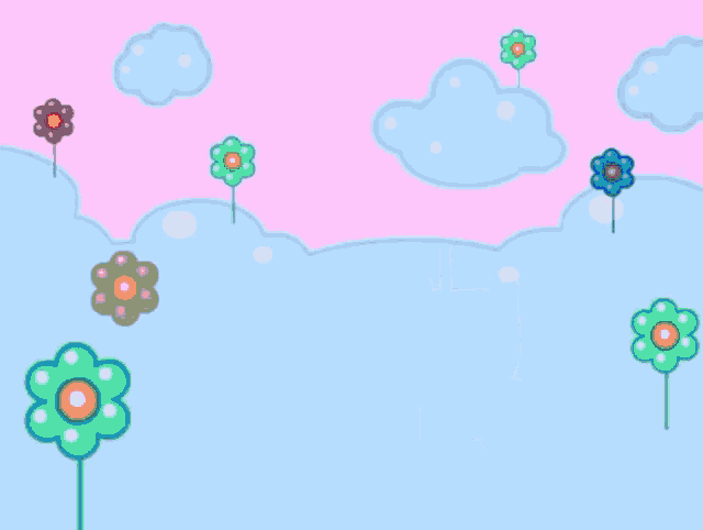 two cartoon characters are standing next to each other in a field of flowers