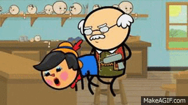 a cartoon character is being spanked by a man with glasses in a kitchen .