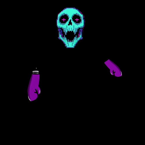 a pixel art drawing of a skull with purple gloves on a black background