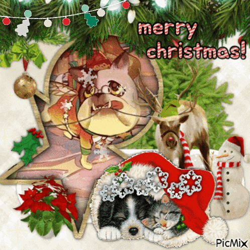 a merry christmas greeting card with a dog and a cat in santa hats