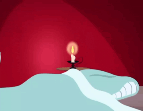 a cartoon character is looking at a lit candle in a candle holder