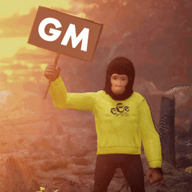 a monkey wearing a yellow sweatshirt is holding a sign that says gm