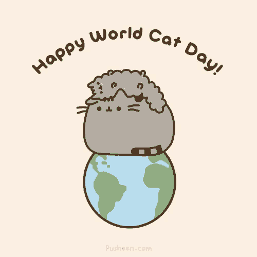 a cartoon of a cat laying on top of a globe with the words happy world cat day