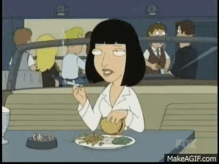 a cartoon of a woman sitting at a table eating food