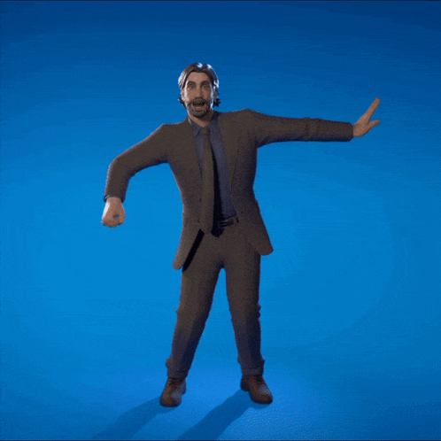 a man in a suit and tie is jumping in the air on a blue background