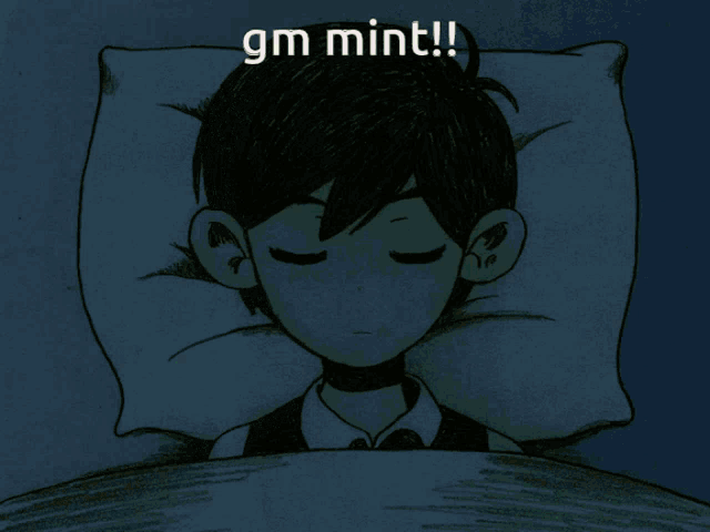 a drawing of a boy laying in bed with the words gm mint written above him