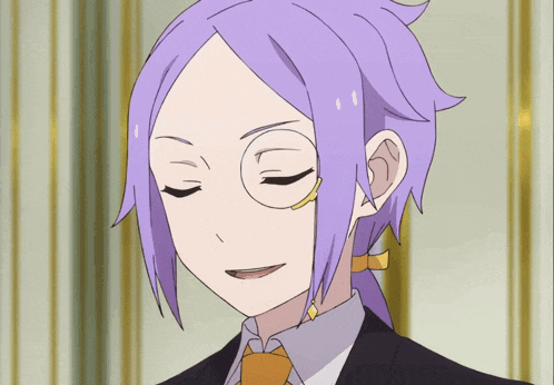 a cartoon character with purple hair and glasses is wearing a suit and tie