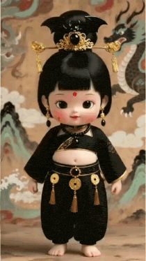a doll with a crown on her head is wearing a black and gold outfit .