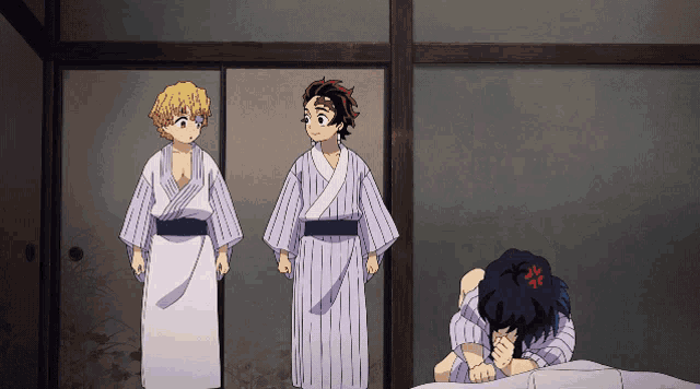 a group of anime characters are standing in a room and one of them has a red x on his head