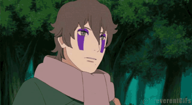 a cartoon character with purple eyes and a scarf around his neck has the hashtag @irrevertgifs on the bottom
