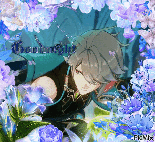 a picture of a boy surrounded by purple flowers with the words goodnight written on it