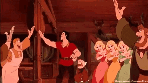 a group of cartoon characters from beauty and the beast are standing in a room .