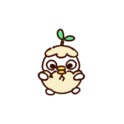 a cartoon drawing of a bird with a green leaf on its head